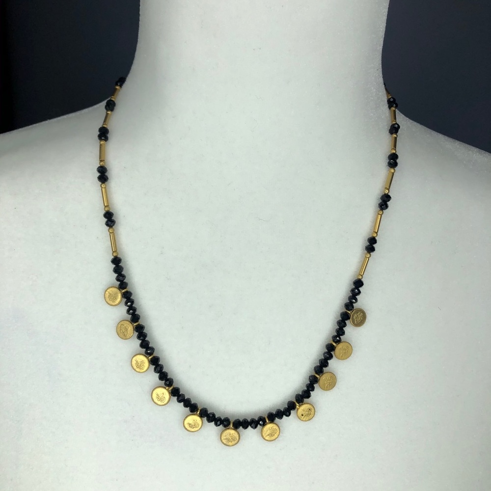 Gold and Black Beaded Necklace With Tiny Coins